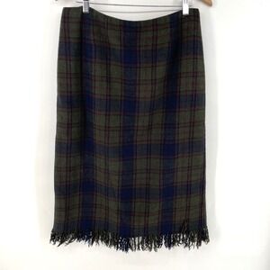 Vintage Midi Blanket Fringe Skirt 16P Wool Blend Green Red Blue Plaid Preppy